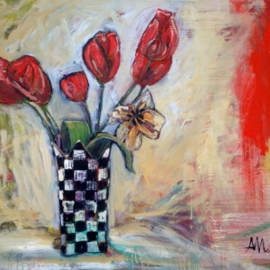 Vase, tulipaner. Olie på lærred. (65 x 100 cm). PRIS: DKK 7.000
