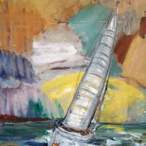 Sejlbåd. Olie på lærred. (65 x 50 cm) PRIS: 5.000 DKK.
