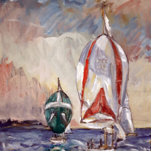 Sejlbåde. Olie på lærred. (65 x 50 cm) PRIS: 5.000 DKR.