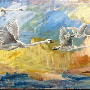Svaner i flugt.
Acryl på lærred. (100 x 150 cm). PRIS: DKK 15.000
